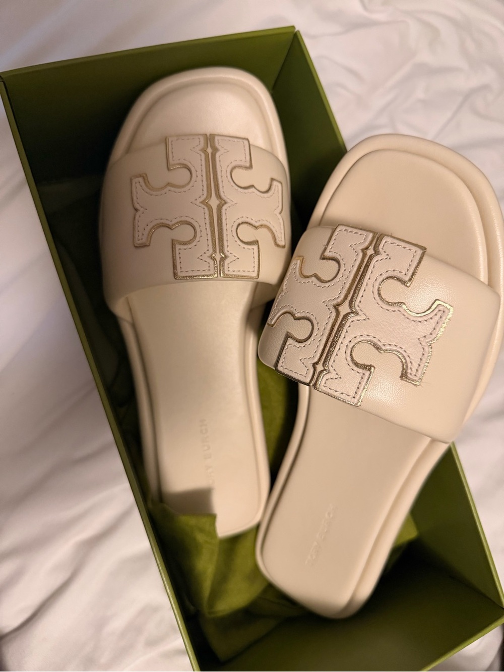 Tory Burch Cream Leather Logo Slide Sandals - Picture 1 of 5